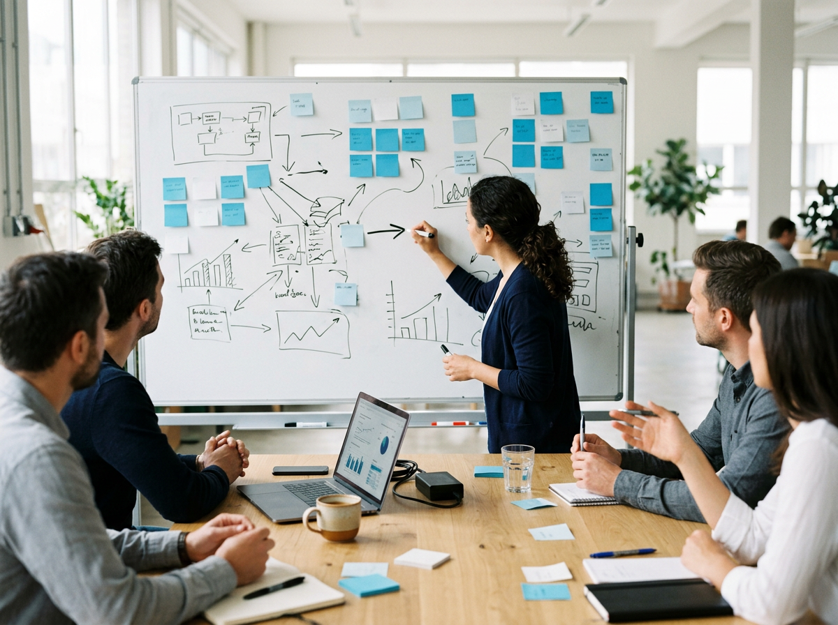 A whiteboard with process flow diagrams and sticky notes in a bright meeting room